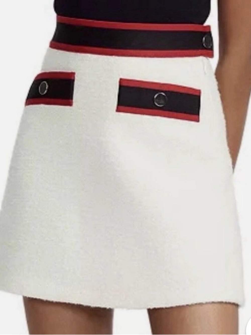 Maje Wool Blend Cream with Black and Red Trim Skirt Size 36